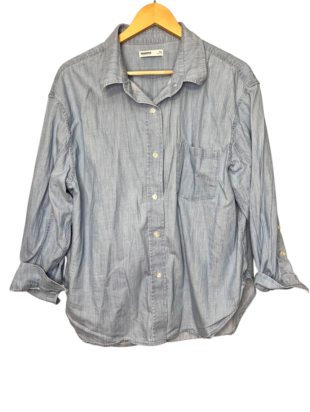 Sonoma Women’s Petite XL Chambray Denim Button Down Shirt Light Blue Cotton Fall